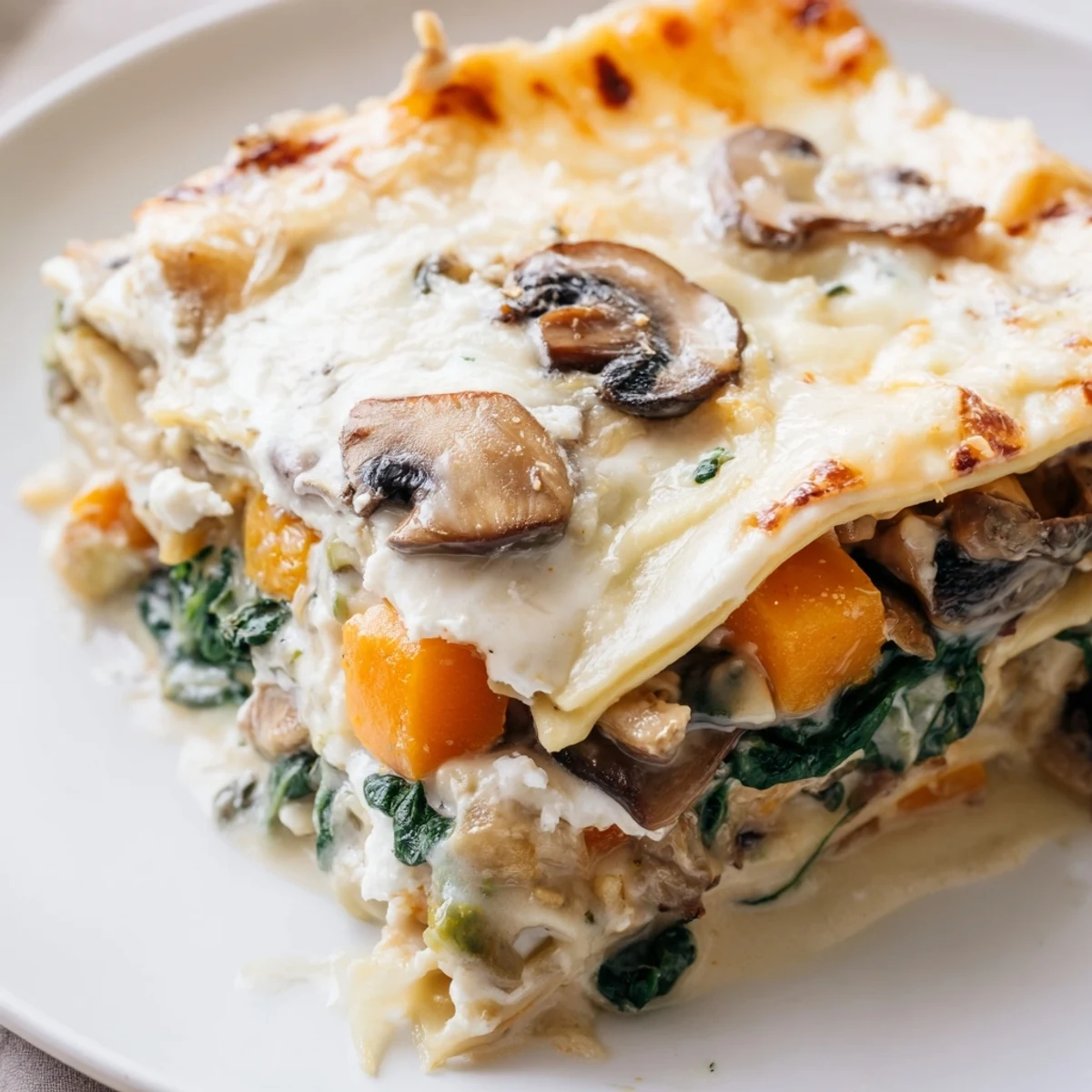 Creamy layered butternut squash, spinach, and mushroom lasagna with bubbly mozzarella and a side salad on a cozy dinner plate.