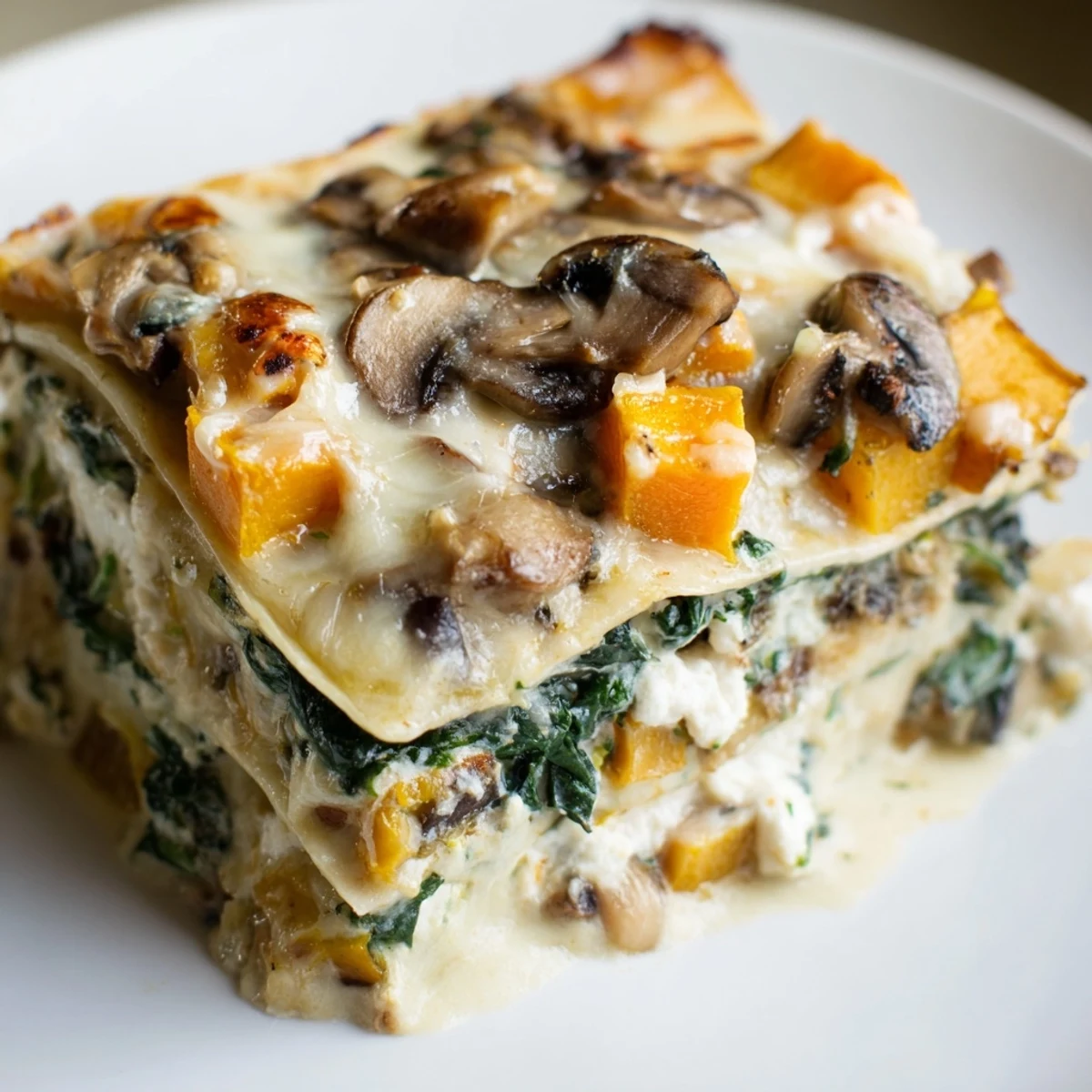 Freshly baked butternut squash, spinach, and mushroom lasagna with rich béchamel sauce served warm in a baking dish.