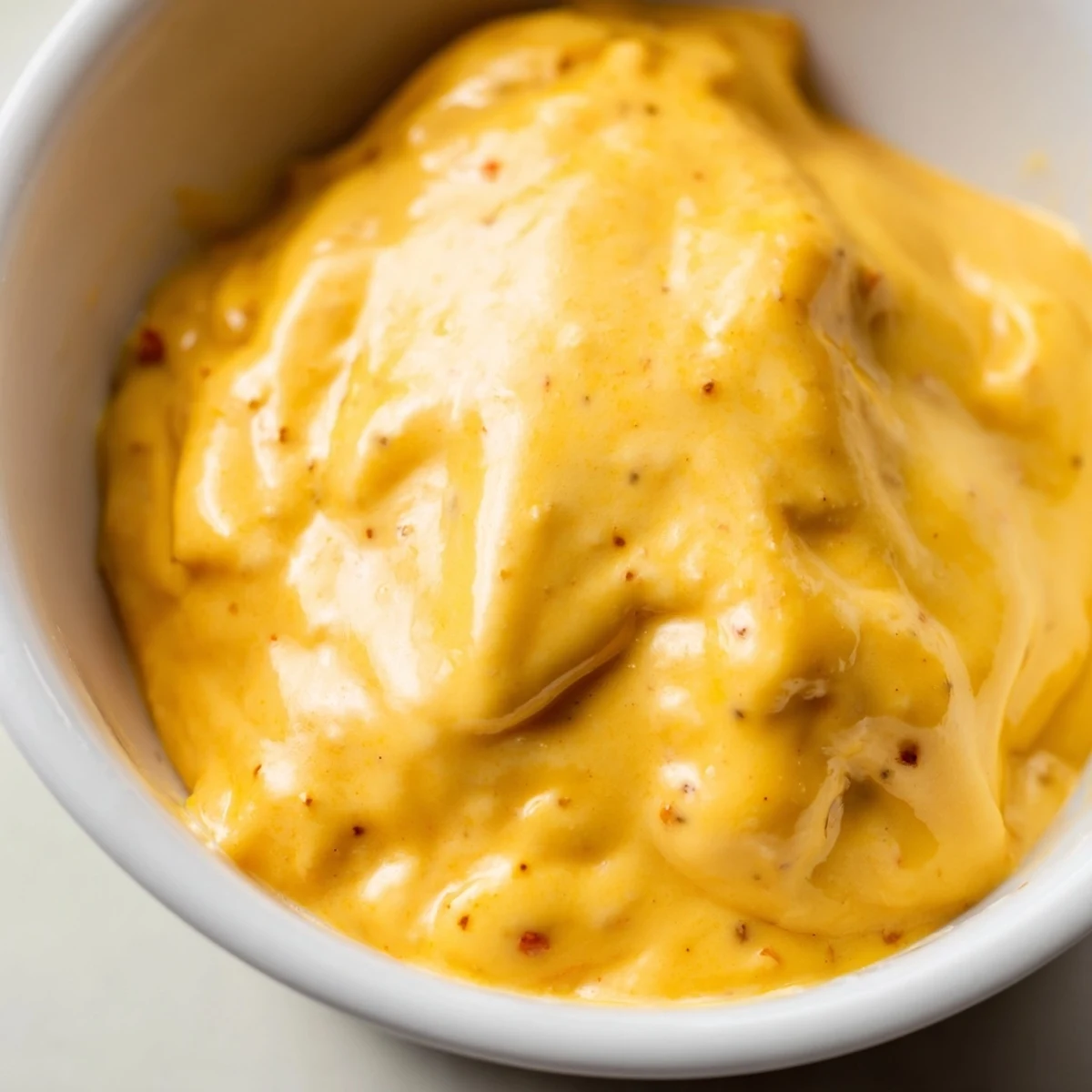 Warm Snappy Cheddar Sauce bubbling in a saucepan, ready for drizzling over baked potatoes.