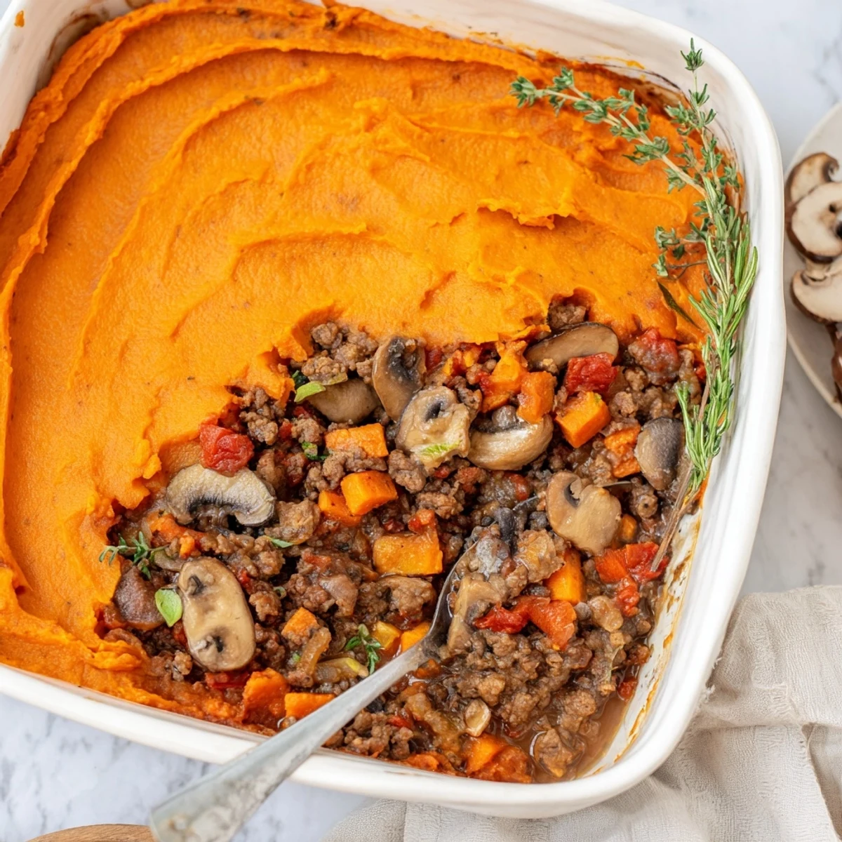 Golden-brown sweet potato mash topping of the Beef, Tomato & Mushroom Cottage Pie in a ceramic dish.