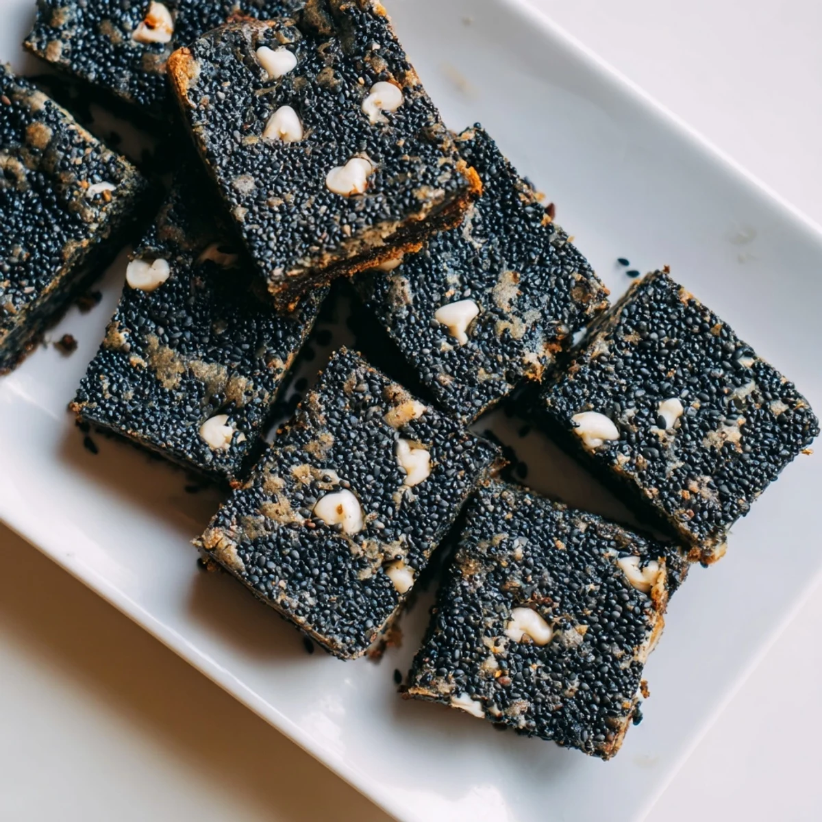 Golden-brown Black Sesame Blondies topped with whole sesame seeds and melted white chocolate chips on a wooden board.