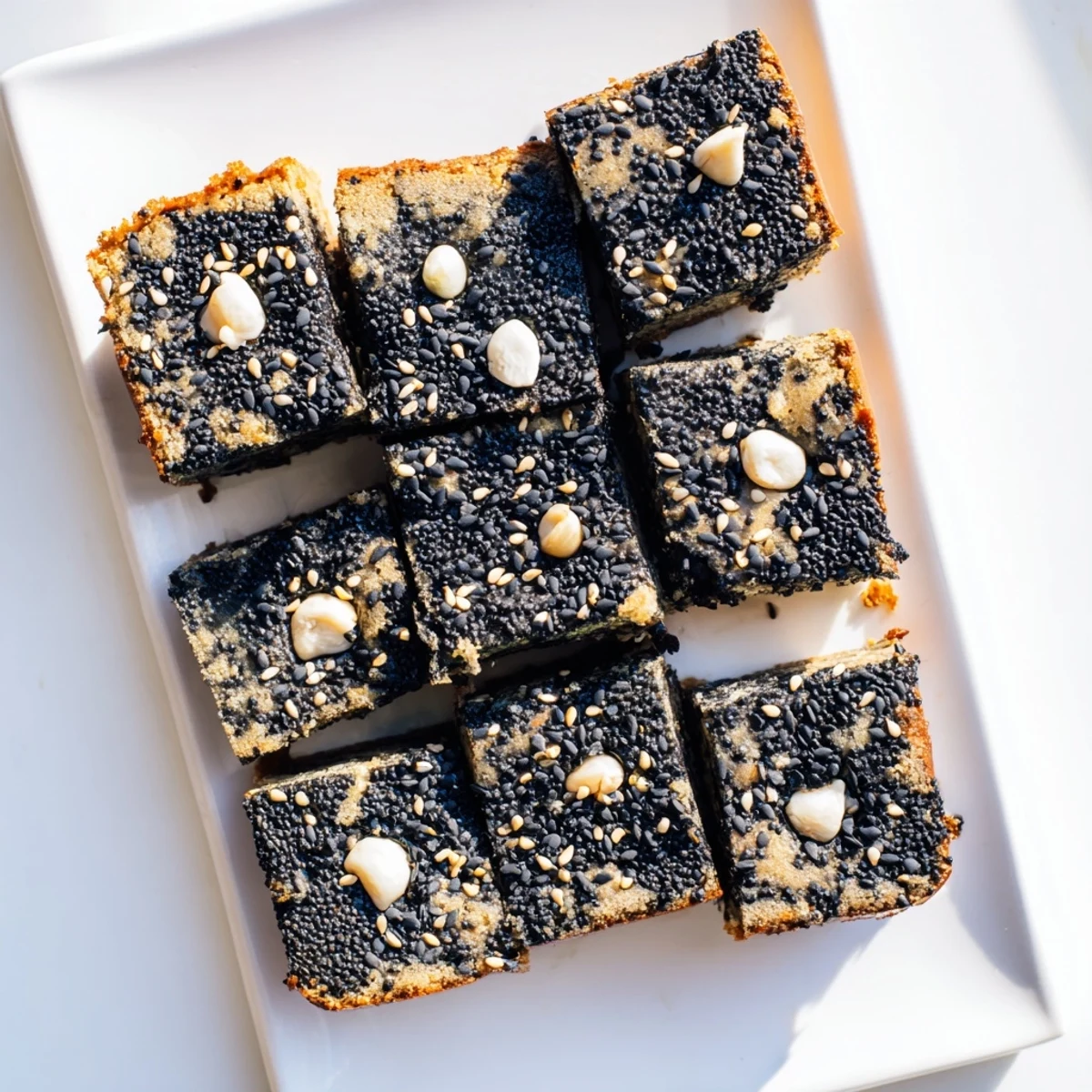 A close-up of Black Sesame Blondies with a buttery texture and scattered black sesame seeds for garnish.