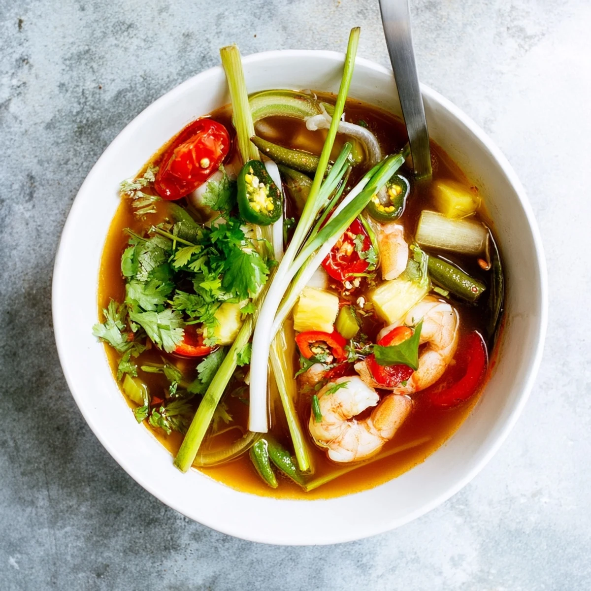 A vibrant bowl of Canh Chua soup with fish, pineapple chunks, and fresh herbs.