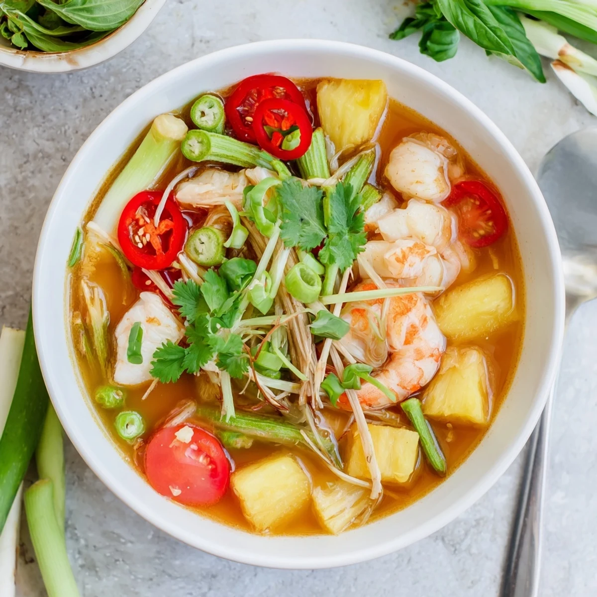 Hearty Canh Chua soup served hot with white fish and bean sprouts in broth.