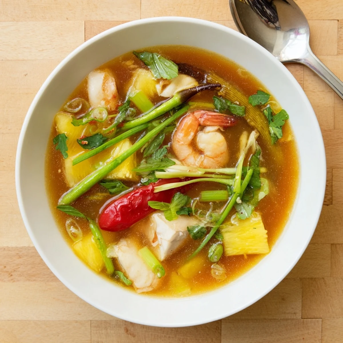Colorful Canh Chua with tangy tamarind broth, shrimp, tomatoes, and cilantro garnish.