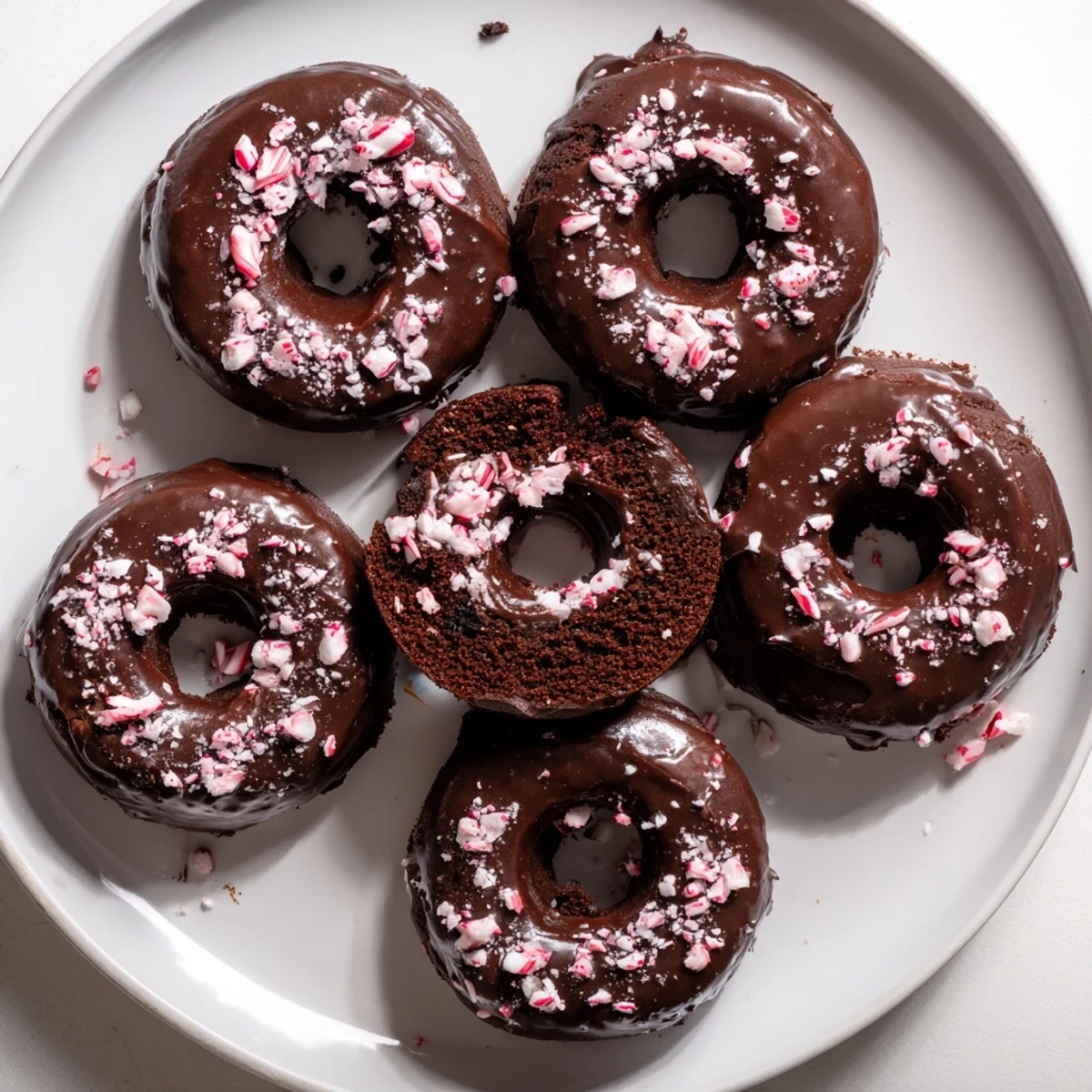 Freshly baked Chocolate Peppermint Mochi Donuts on a wire rack with red and white candy cane crumbles.