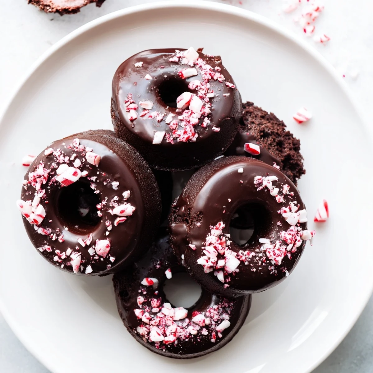 Holiday-themed Chocolate Peppermint Mochi Donuts with festive crushed peppermint toppings on a cooling rack.