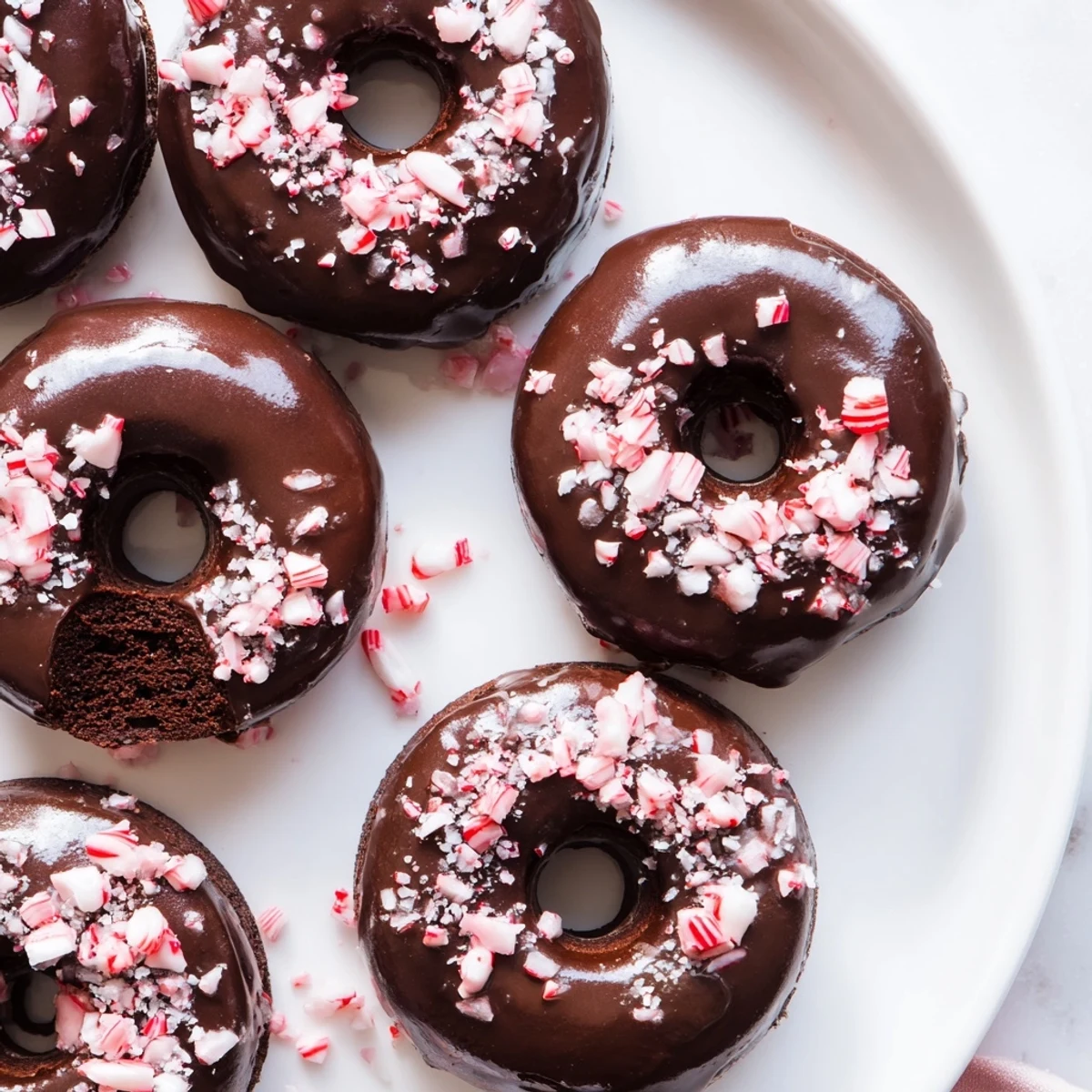 Glazed Chocolate Peppermint Mochi Donuts stacked on a white plate, showcasing a shiny chocolate coating.