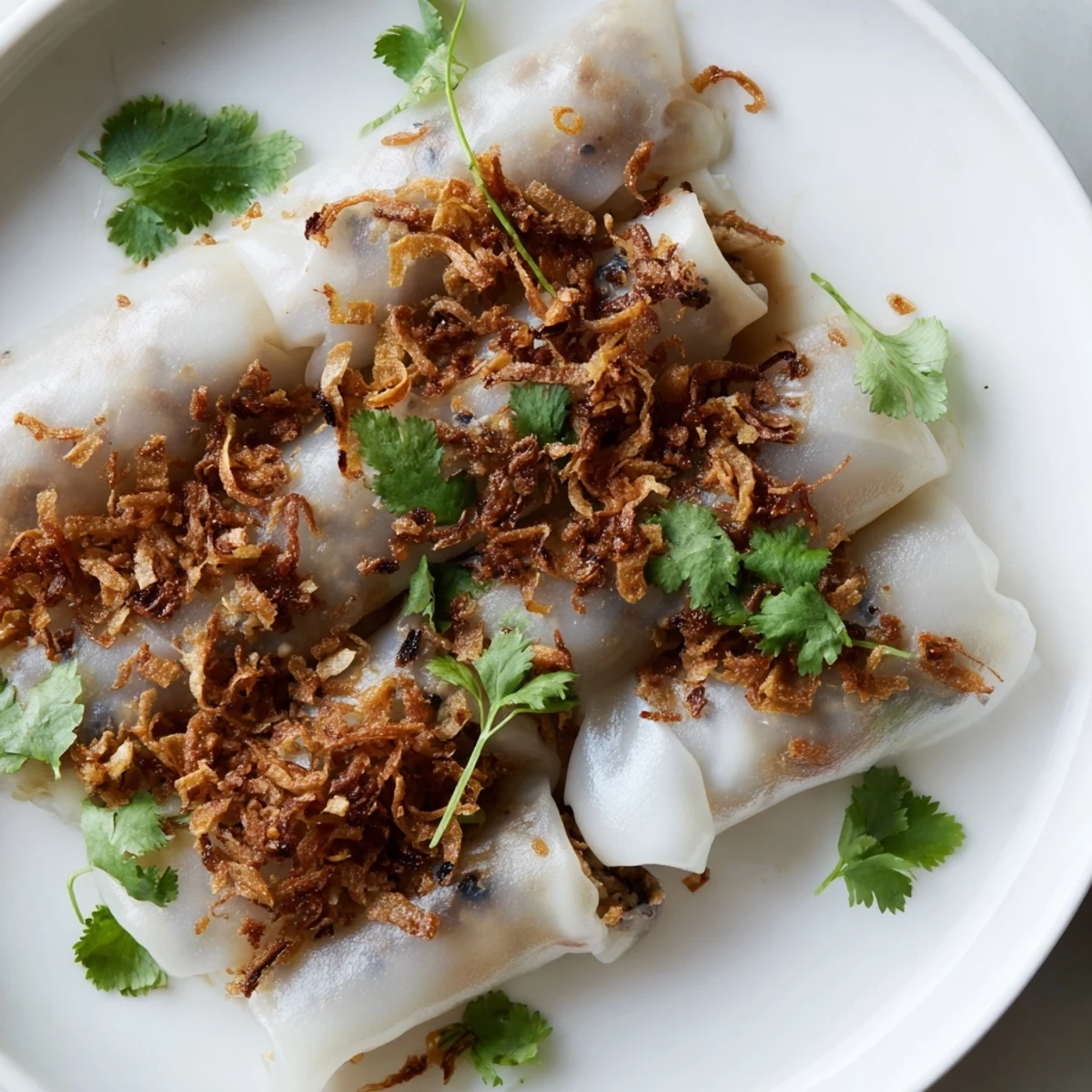 Plated Banh Cuon garnished with fried shallots and cilantro, ready to dip into tangy, homemade nuoc cham sauce.