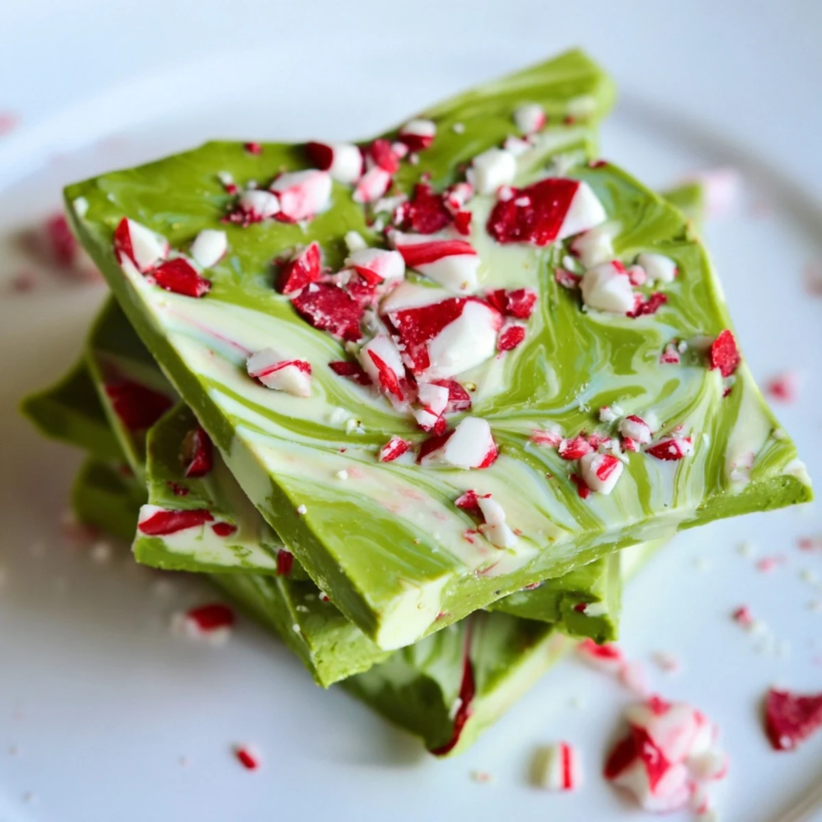 Creamy white chocolate swirled with vibrant matcha and crushed peppermint for a festive Matcha Peppermint Bark treat.