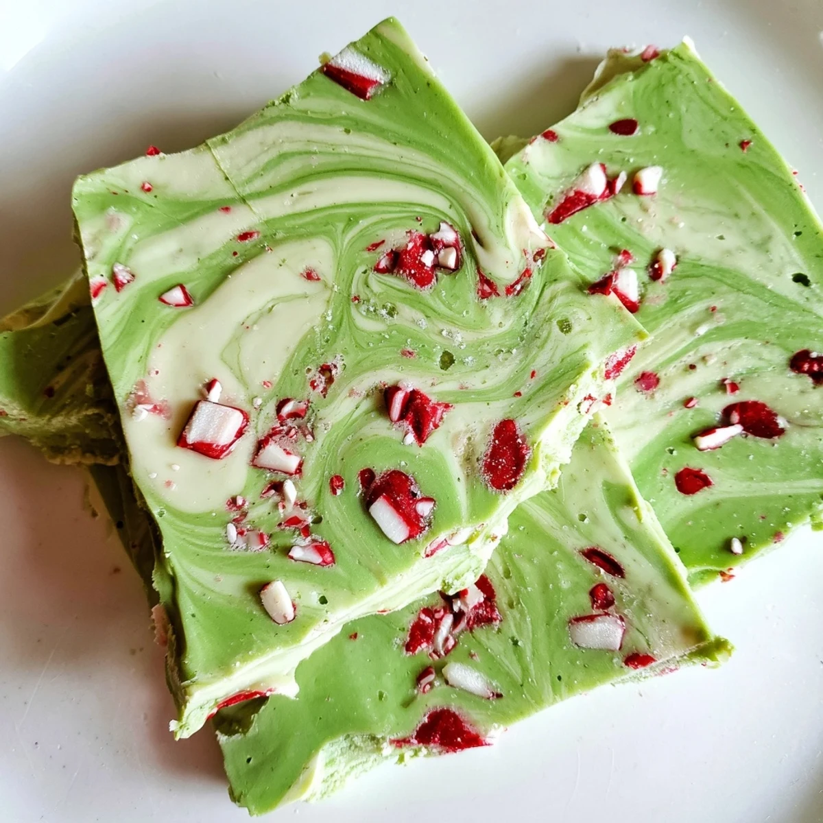 A close-up of glossy Matcha Peppermint Bark with red peppermint candy pieces and marbled green matcha patterns.