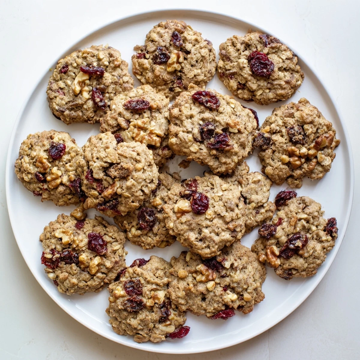 Golden brown chai oatmeal craisin cookies studded with dried cranberries and walnuts on a rustic wooden board.