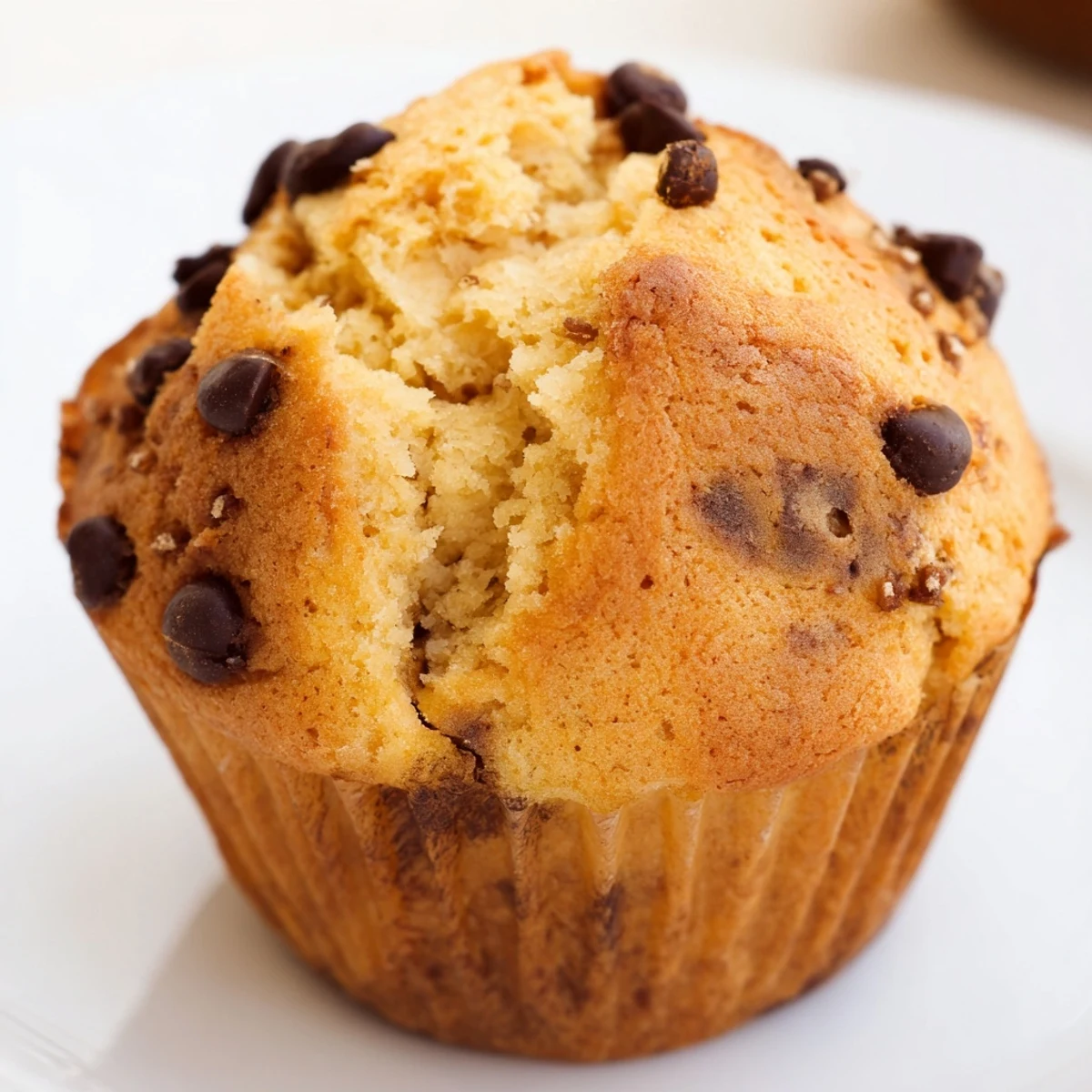 A close-up of French Roast Coffee Muffins with Mochi Flour reveals a moist, tender crumb studded with melty chocolate chips.