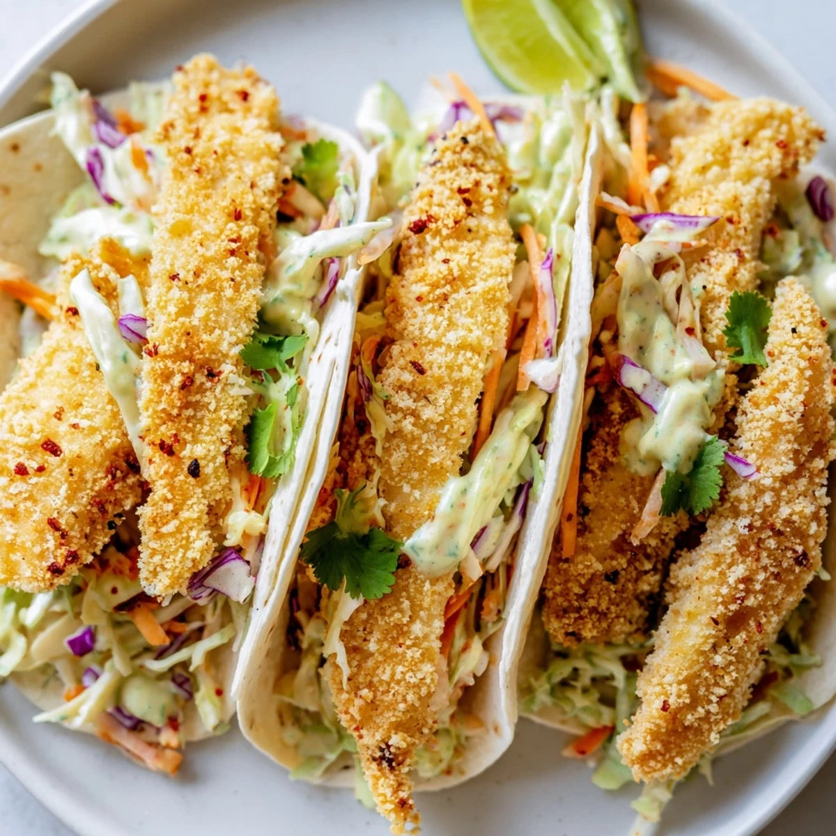 Golden crispy fish tacos piled high with colorful cilantro lime slaw in warm tortillas