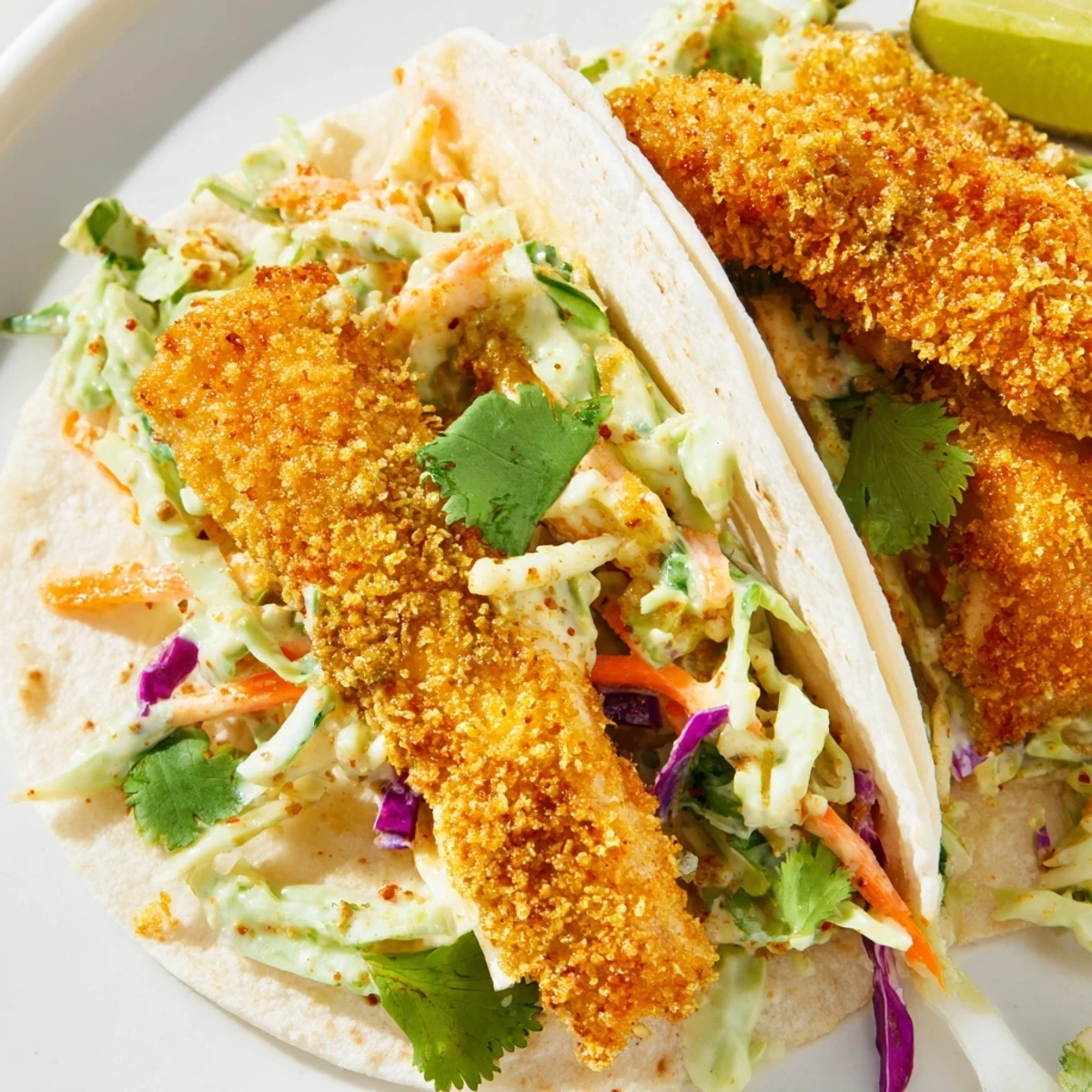 Homemade crispy fish tacos featuring crunchy breaded cod topped with zesty purple and green cabbage slaw