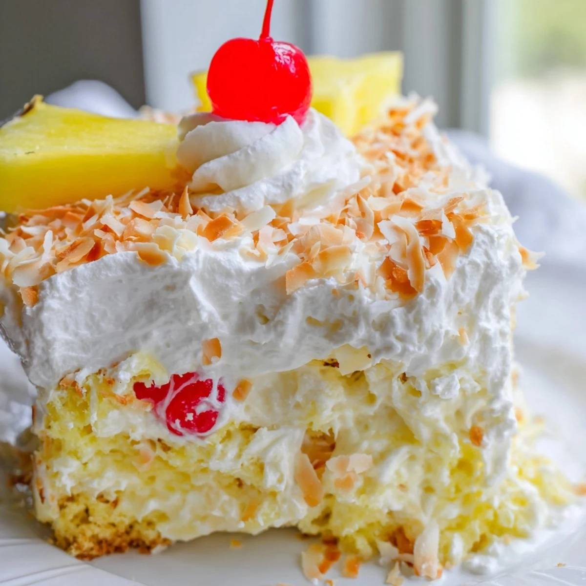Hawaiian Poke Cake topped with fluffy whipped cream, golden toasted coconut, and bright pineapple chunks on a white plate