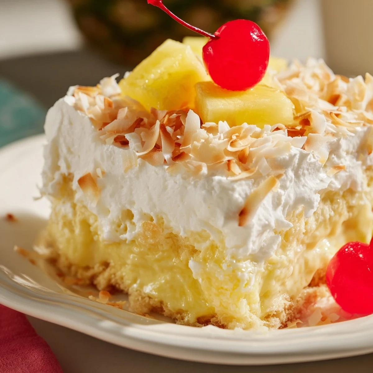 Slice of tropical Hawaiian Poke Cake showing moist layers with pineapple, whipped topping, and toasted coconut garnish