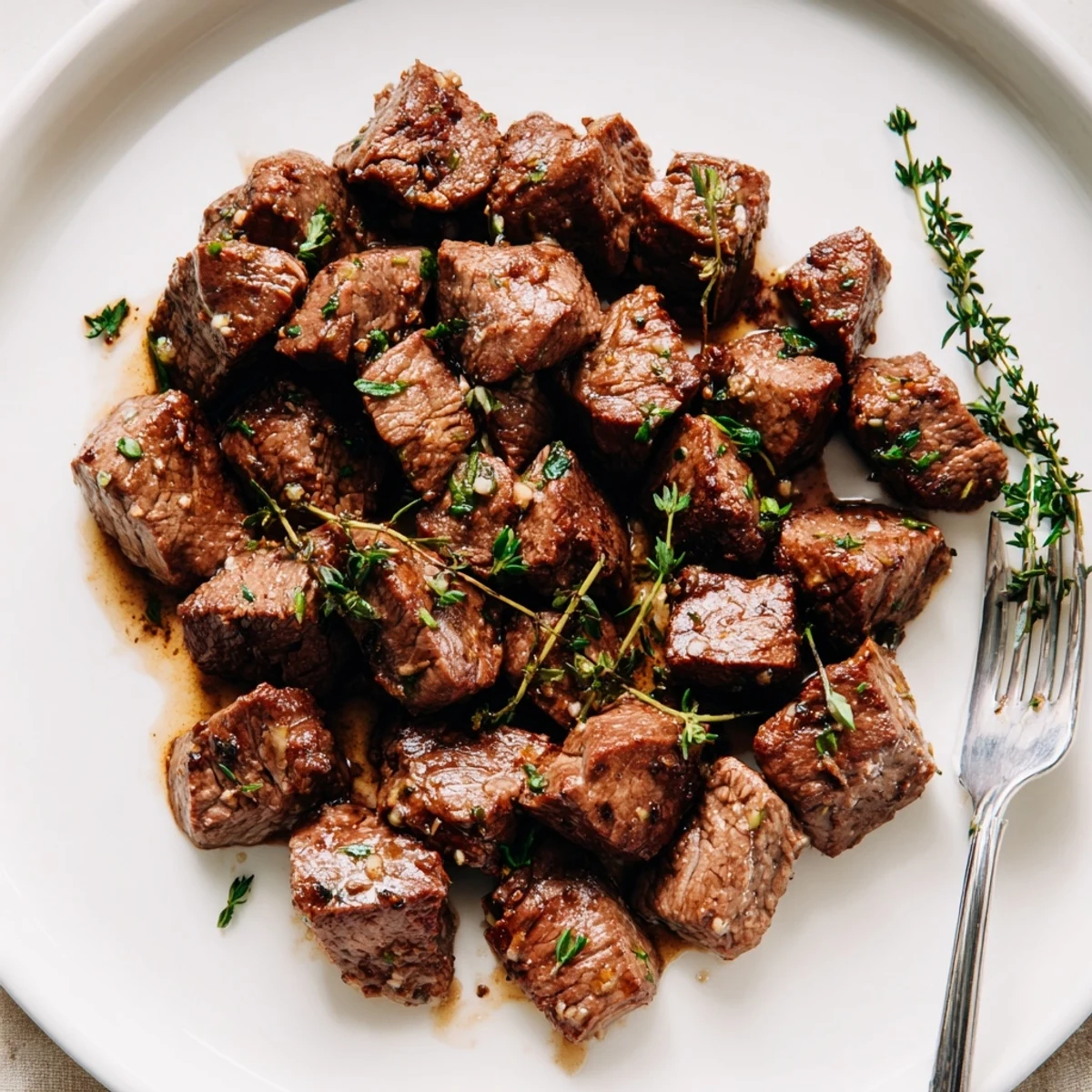 Tender cubed sirloin steak sizzling in a cast iron skillet with melted garlic butter sauce