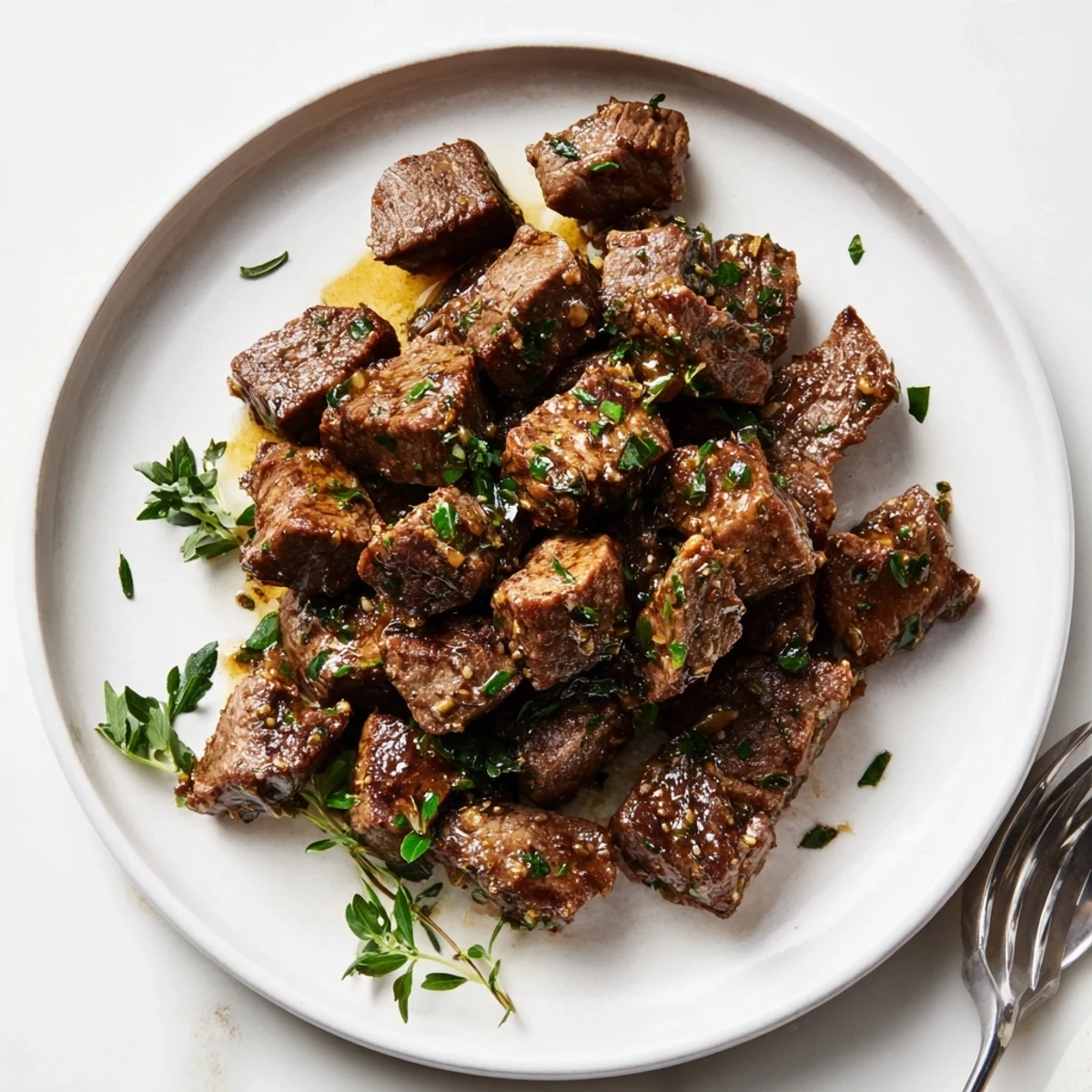 Golden seared garlic butter steak bites arranged on a white plate with fresh parsley garnish