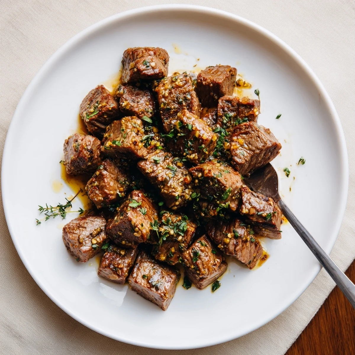 Perfectly browned steak bites coated in rich buttery garlic sauce served with crusty bread slices