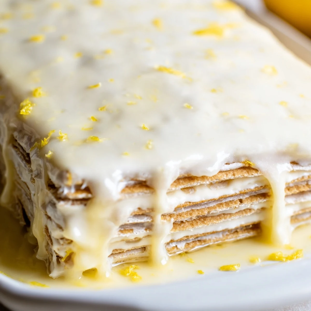 No bake lemon eclair cake with layers of graham crackers and creamy lemon pudding topped with silky glaze