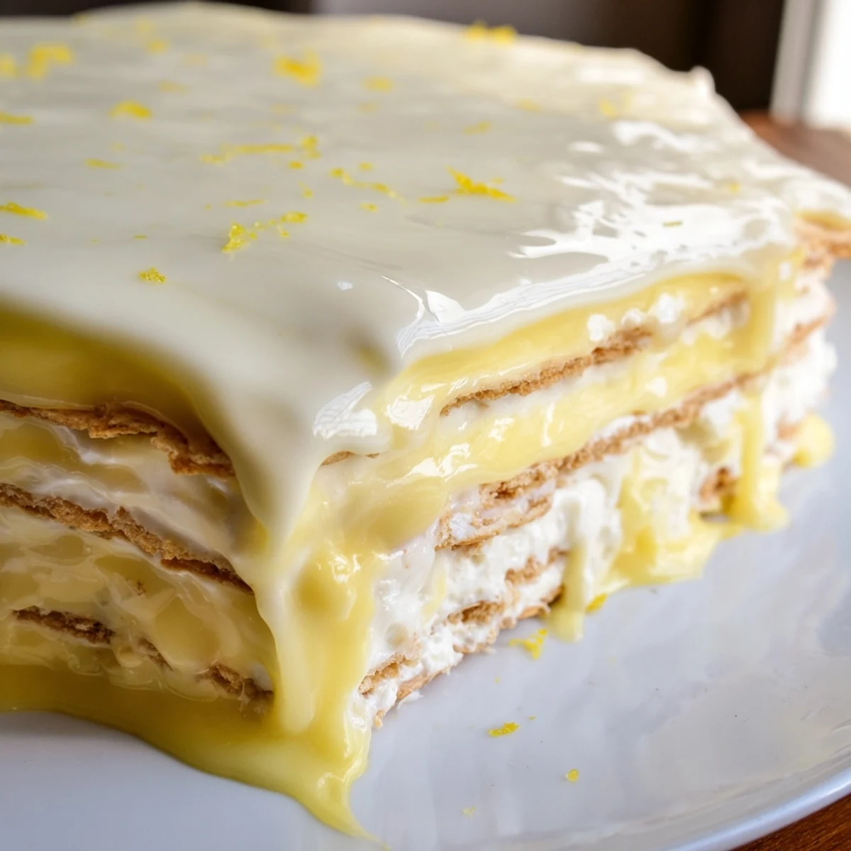 Sliced lemon eclair cake dessert showing soft graham cracker layers with bright lemon cream and white glaze