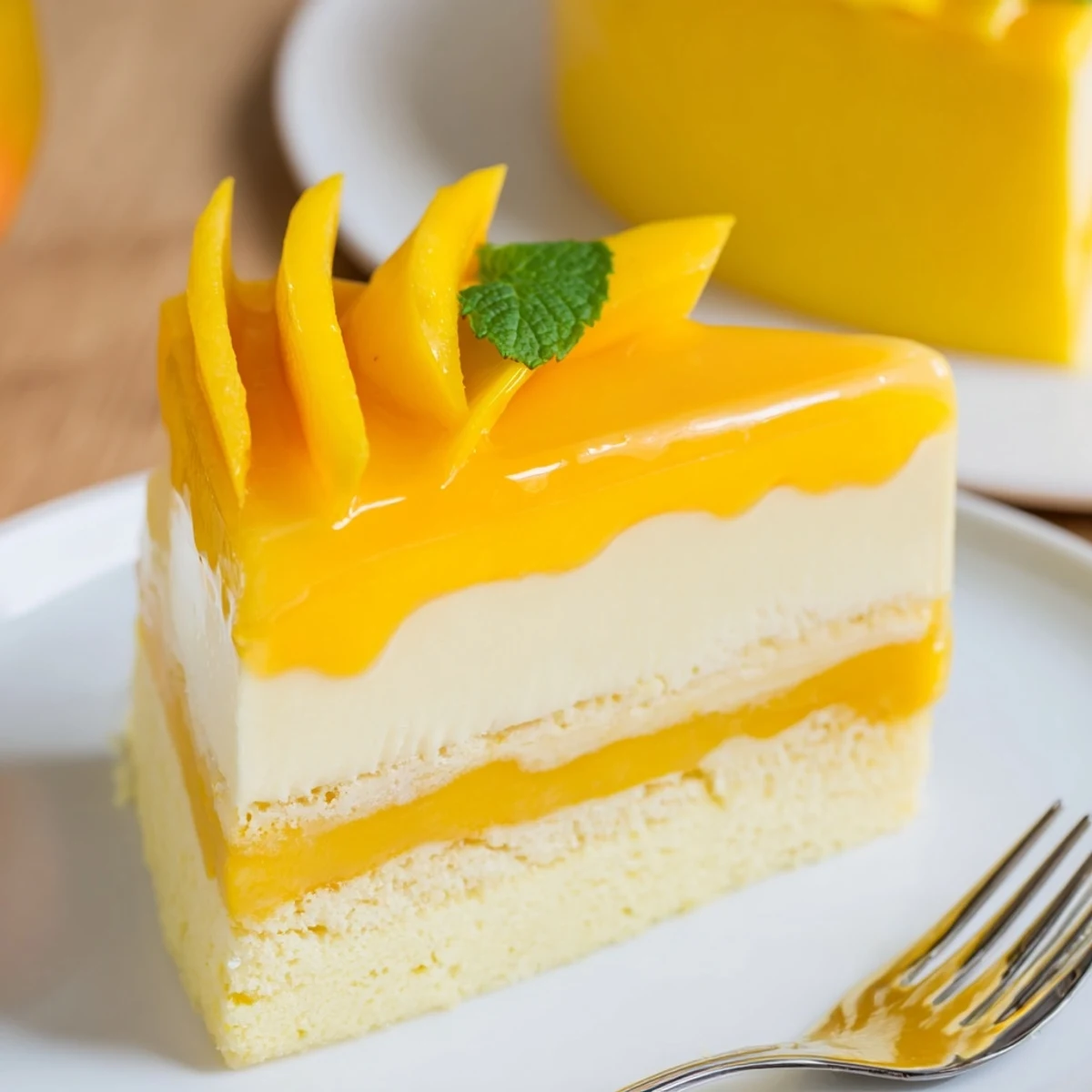 Golden glazed mango mousse cake with fresh fruit slices on a white serving plate