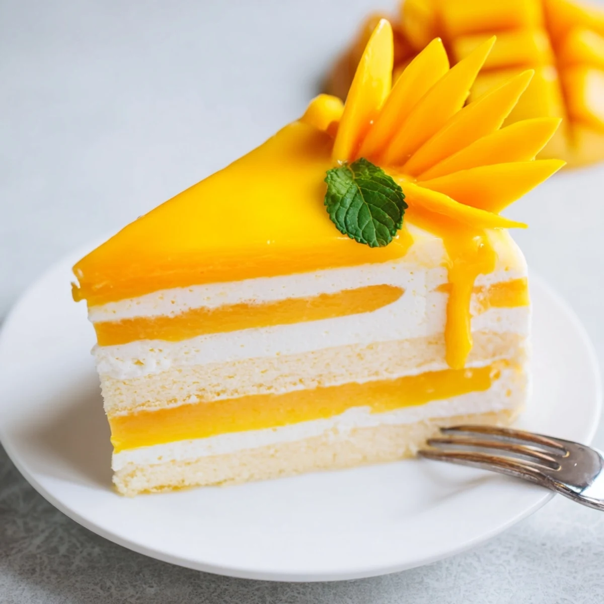 Fluffy mango mousse cake featuring tender sponge layers topped with glossy fruit glaze