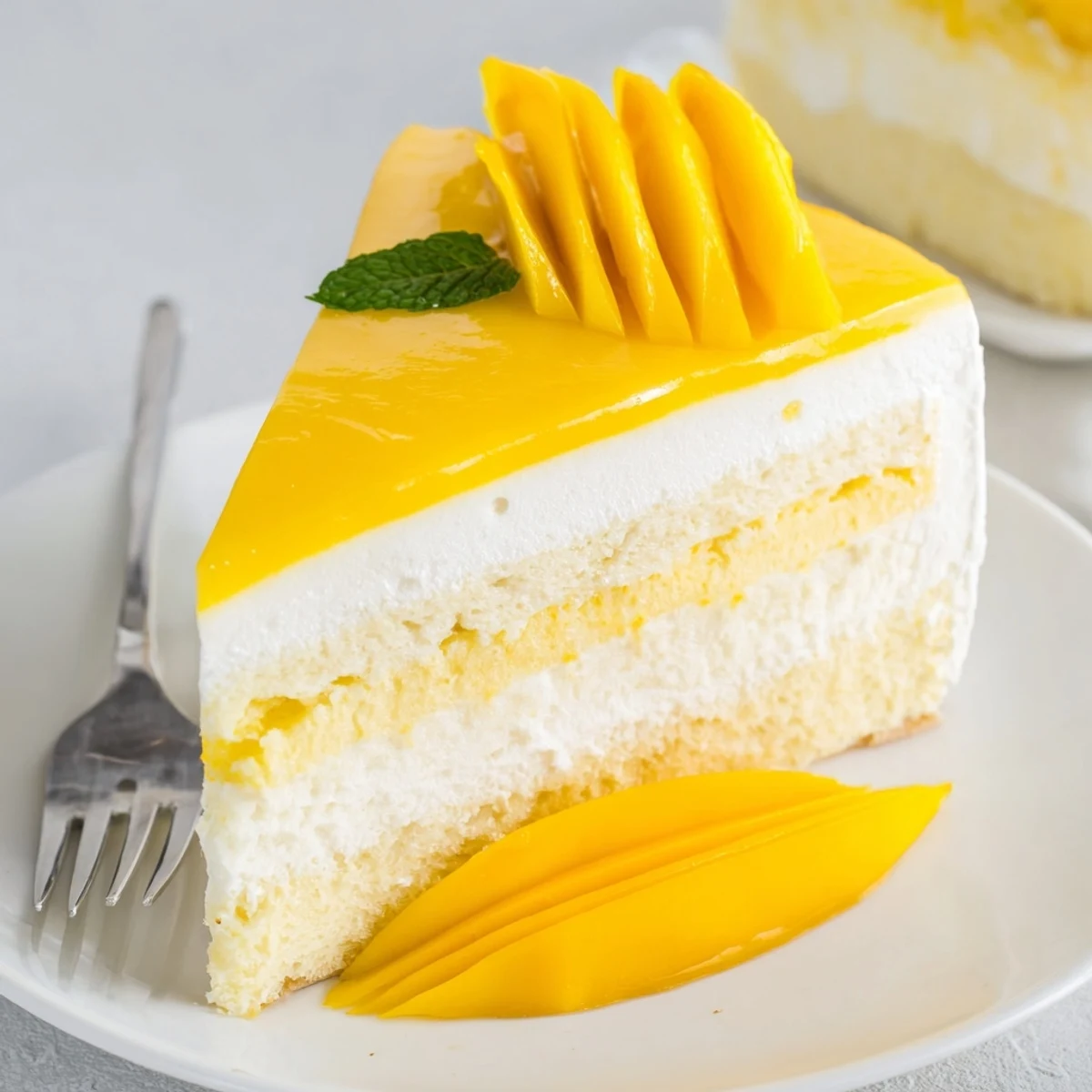 Elegant mango mousse cake slice revealing creamy layers and vibrant summer mango garnish