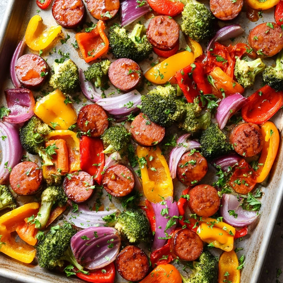 One pan honey garlic kielbasa and veggies featuring caramelized sausage, tender broccoli, and glazed bell peppers