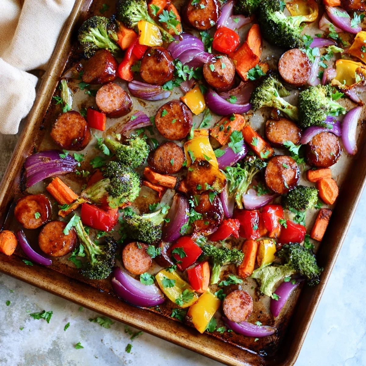 Golden brown kielbasa and colorful roasted vegetables coated in sticky honey garlic glaze on a sheet pan