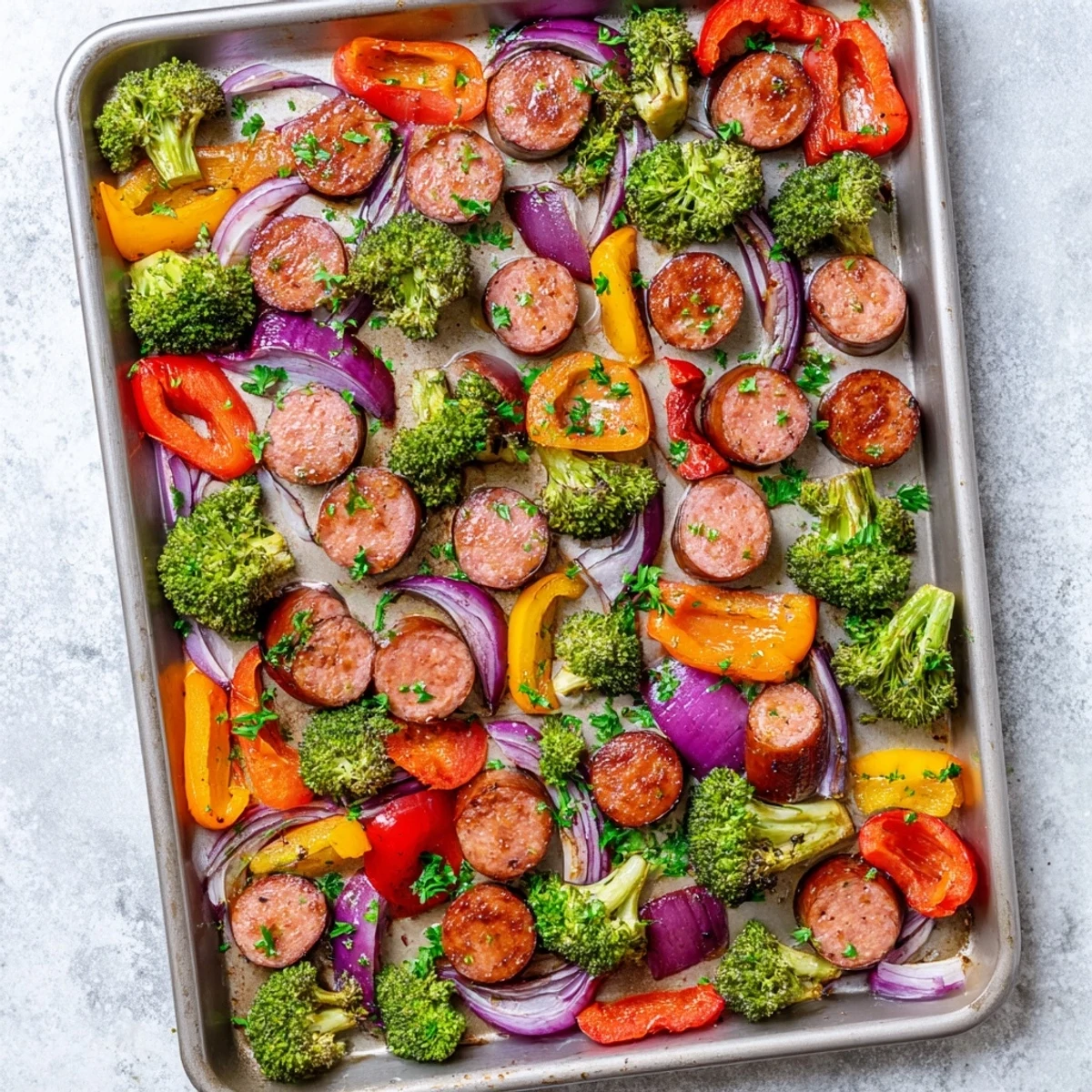 Crispy honey garlic kielbasa with roasted vegetables arranged on a single baking sheet for easy cleanup