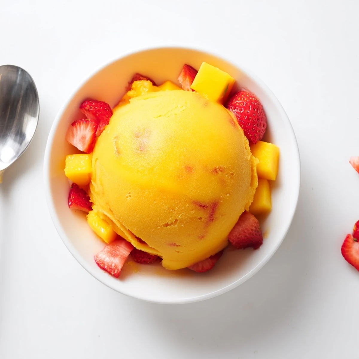Vibrant mango strawberry sorbet scooped into a chilled bowl with fresh mint garnish