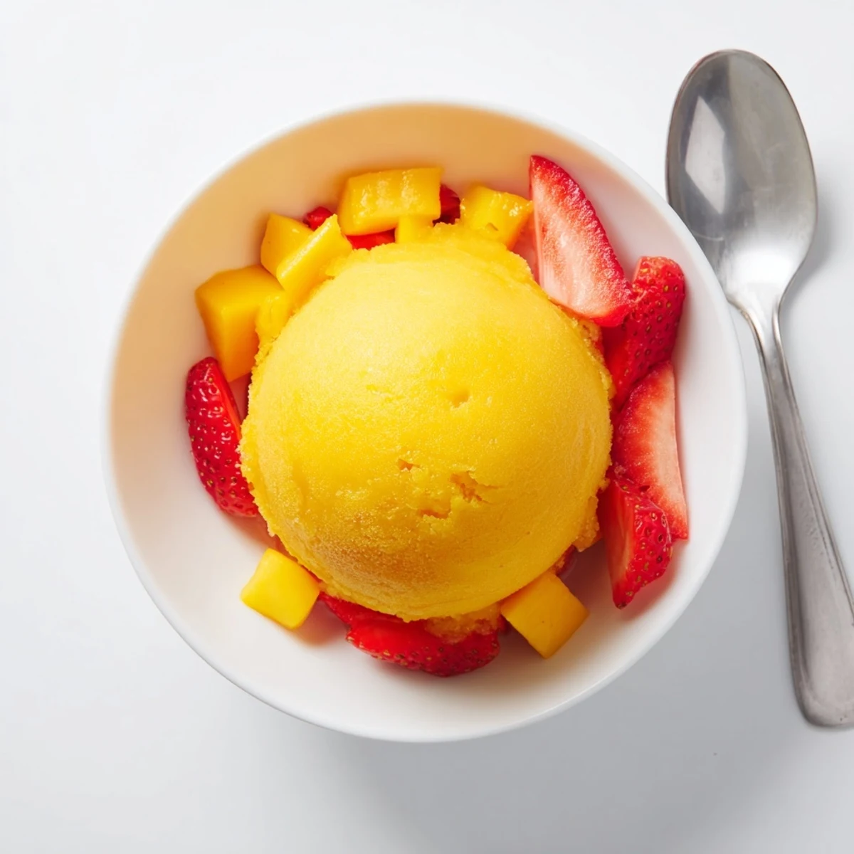 Creamy dairy-free mango strawberry sorbet served in elegant glass dessert bowls