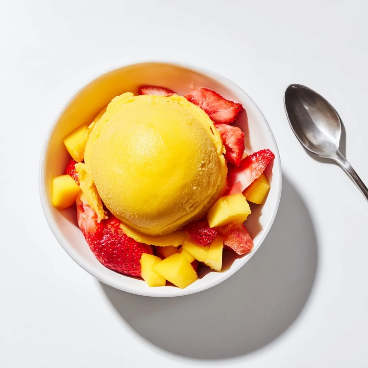 Golden mango and red strawberry swirls creating refreshing frozen mango strawberry sorbet