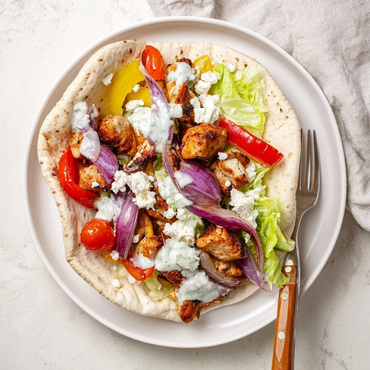 Golden roasted chicken and colorful peppers piled into warm pita pockets with fresh lettuce and tangy herby ranch drizzle