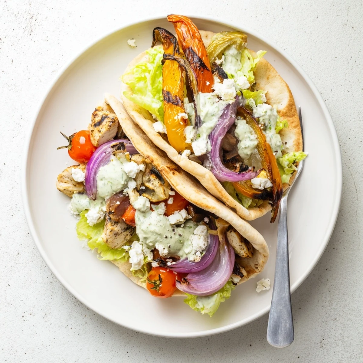 Family-friendly chicken pitas loaded with tender spiced chicken, charred vegetables, crisp lettuce, and homemade herby ranch topping