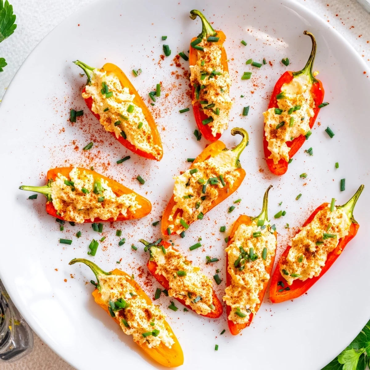 Golden air fryer cream cheese stuffed mini peppers arranged on a white serving platter with fresh parsley garnish