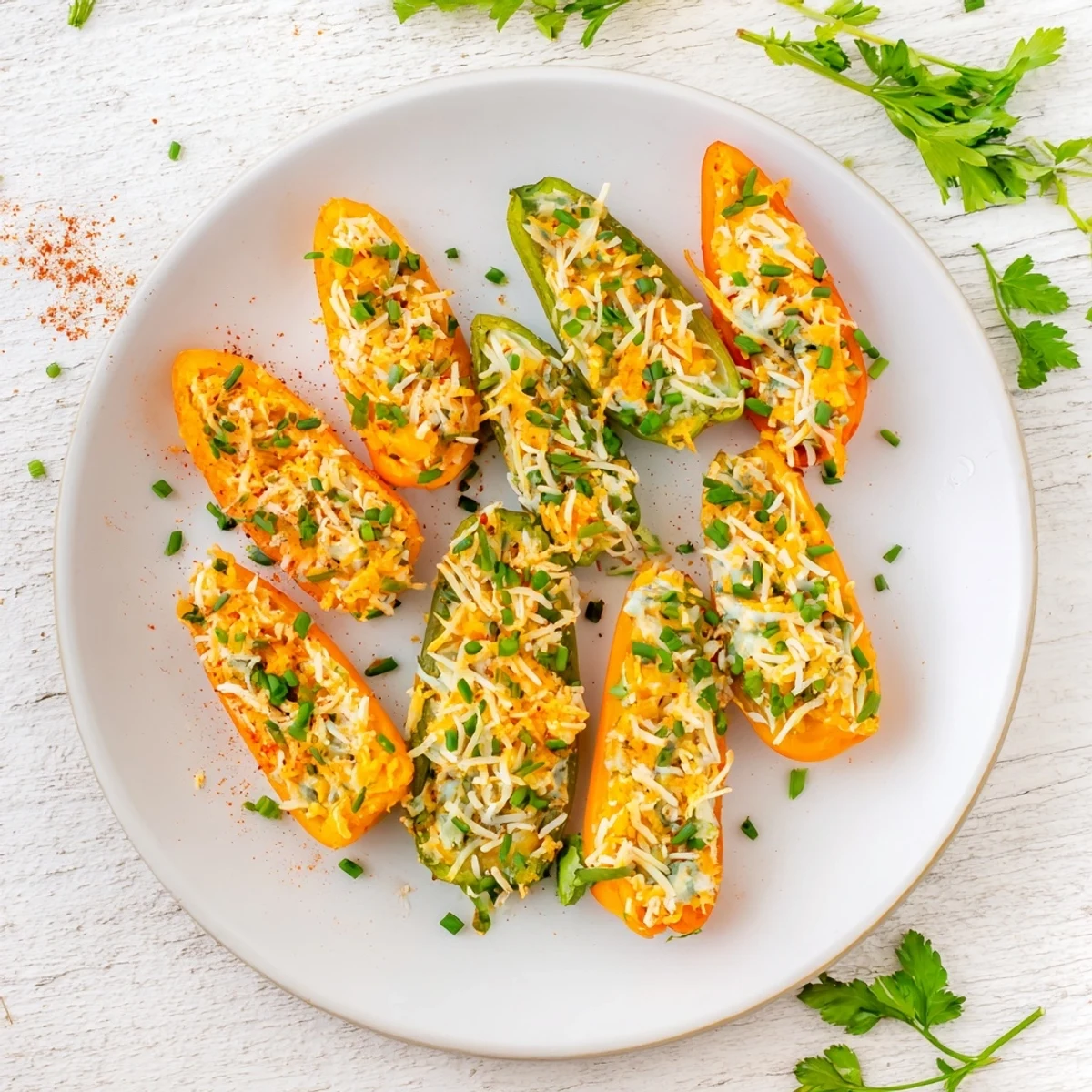 Bite-sized mini peppers overflowing with three-cheese mixture, lightly air fried until tender and bubbly