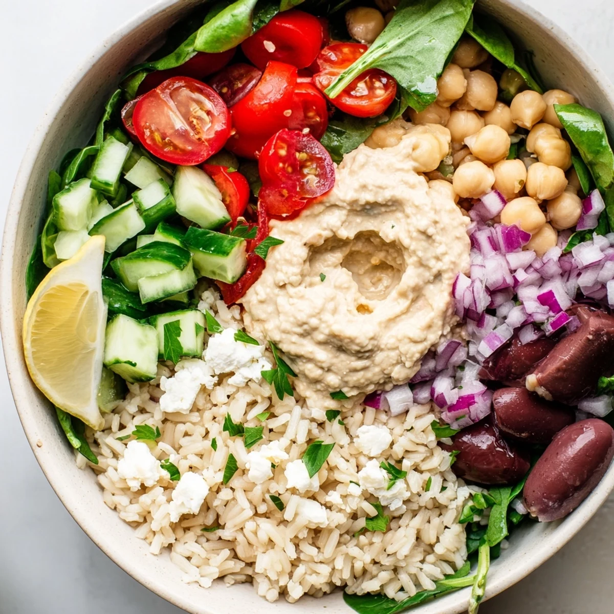 Colorful Mediterranean rice bowl topped with fresh vegetables, hummus, and zesty lemon-tahini drizzle