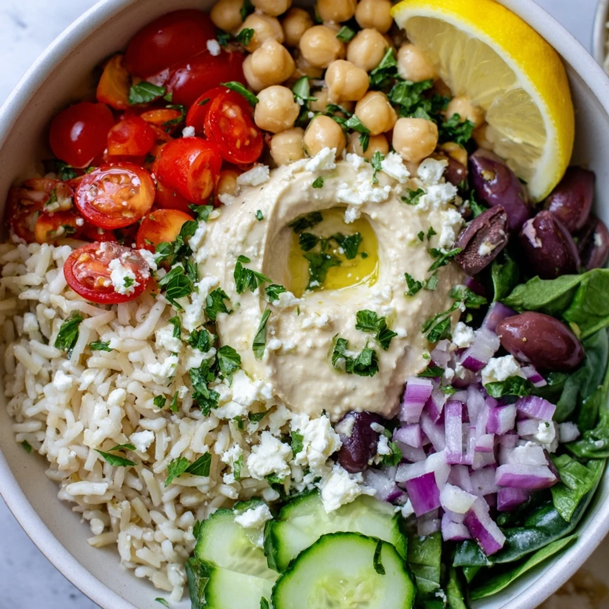 Wholesome Mediterranean rice bowl featuring crisp veggies, chickpeas, olives, and creamy feta cheese topping