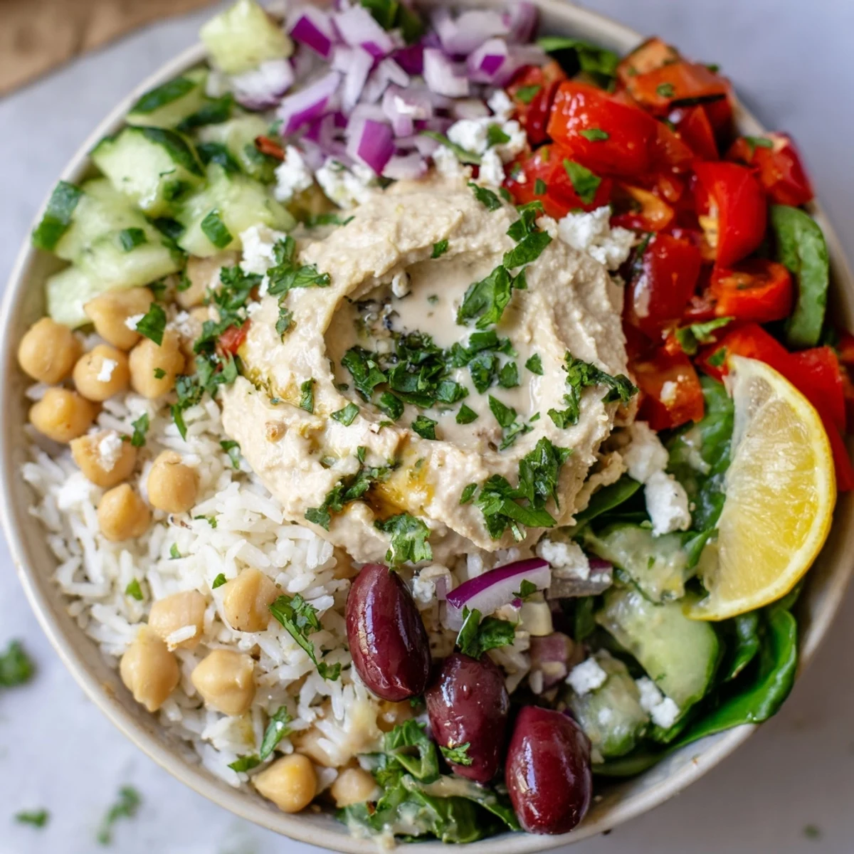 Vibrant Mediterranean rice bowl arranged with fluffy rice, hummus, cherry tomatoes, and tangy tahini dressing