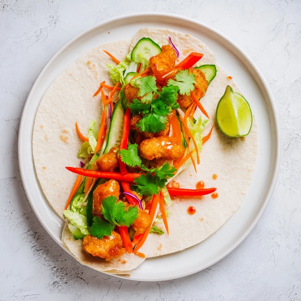 Golden sweet chili chicken wraps filled with crisp vegetables and drizzled with tangy sauce
