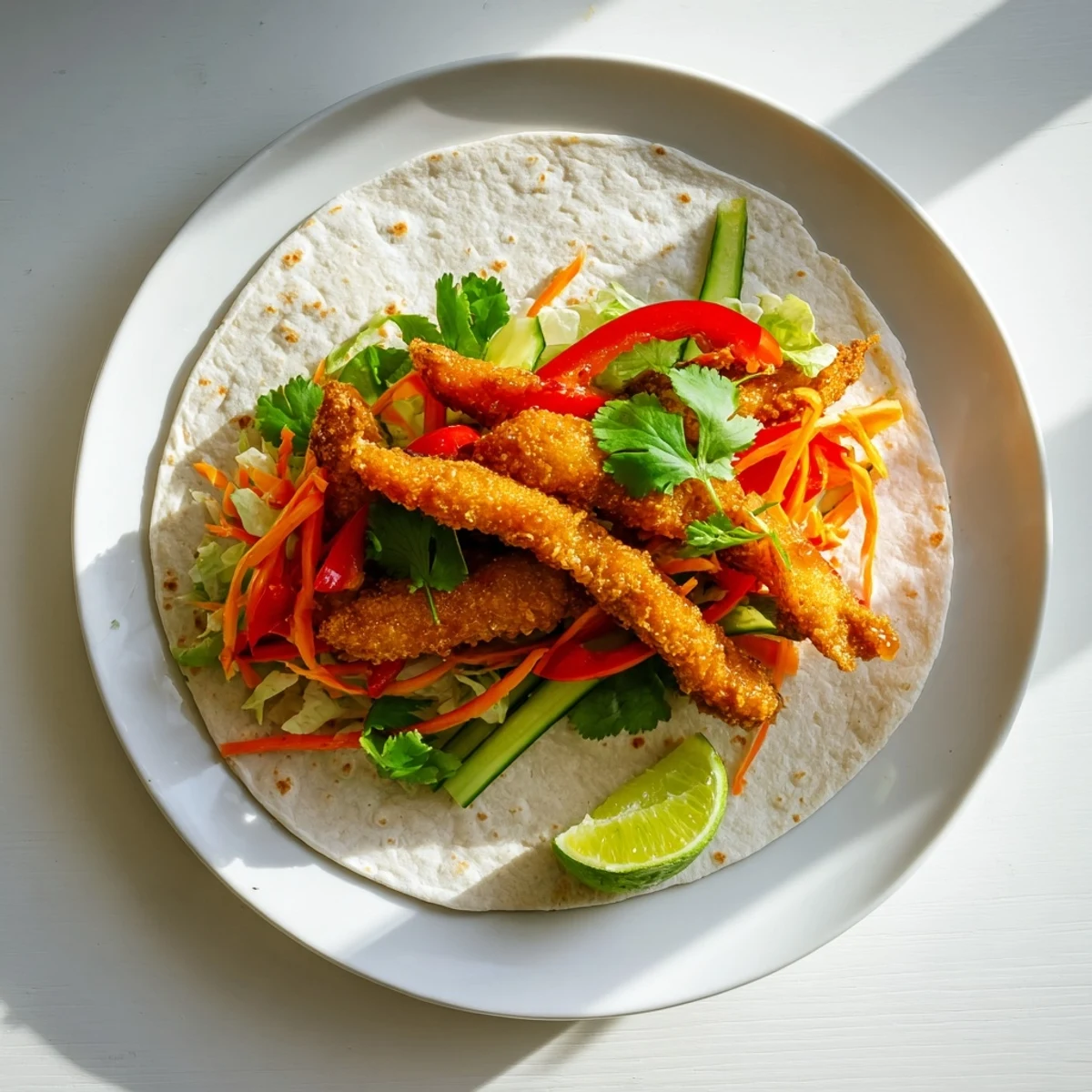 Sliced sweet chili chicken wraps revealing colorful julienned peppers, carrots, and fresh lettuce
