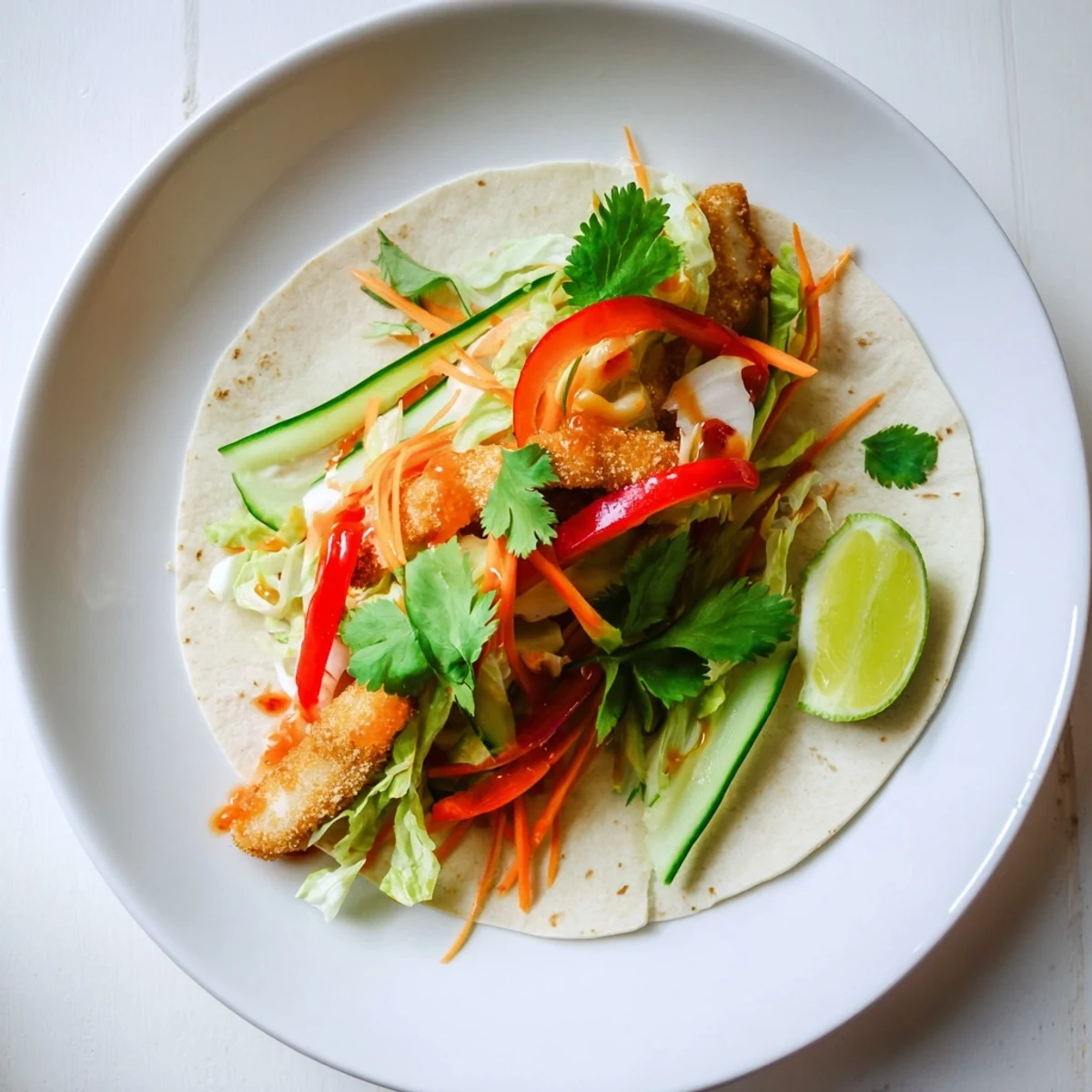 Handheld sweet chili chicken wraps rolled in warm flour tortillas with vibrant vegetable filling