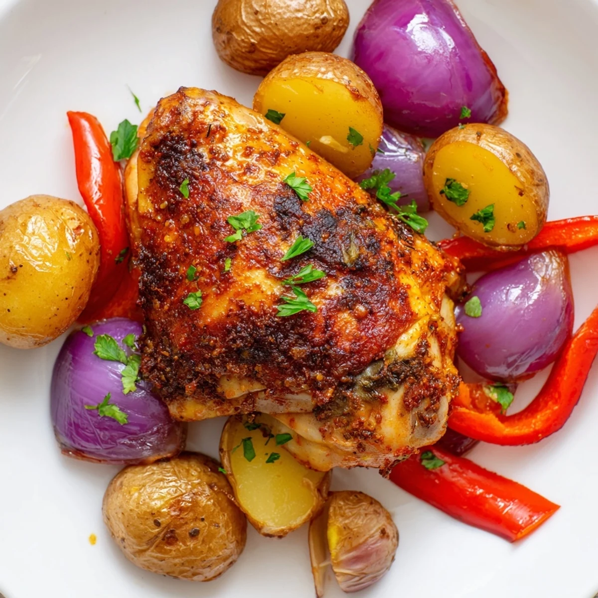 Golden roasted chicken thighs with crispy skin nestled alongside tender baby potatoes and colorful vegetables on a baking sheet
