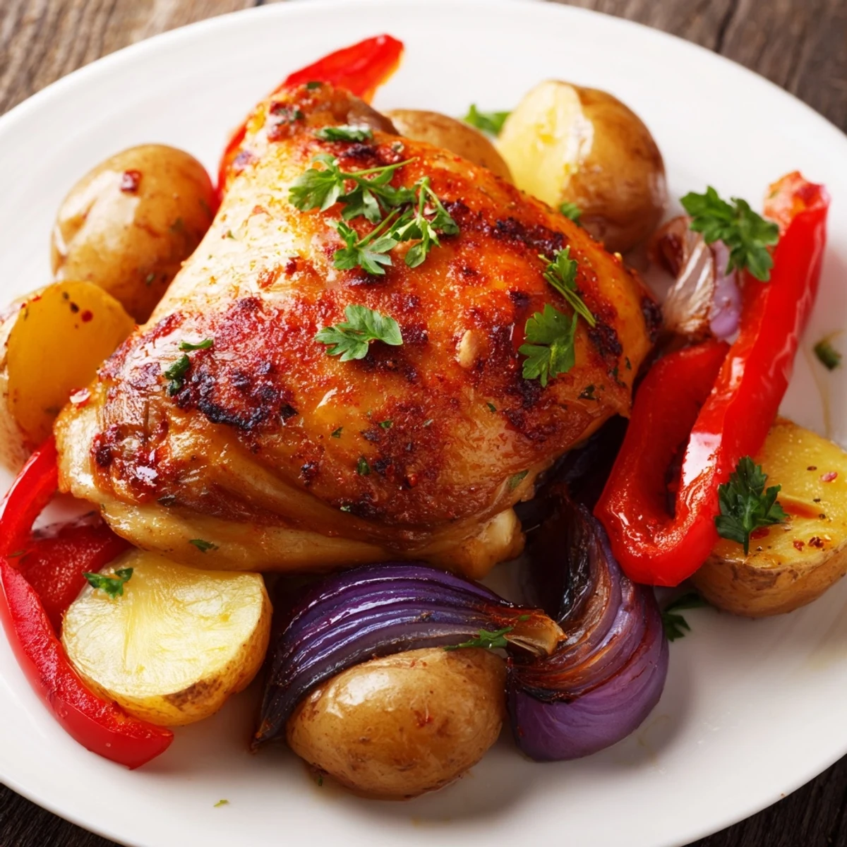 One-pan dinner featuring juicy herb-marinated chicken thighs arranged with roasted red peppers onions and golden potatoes