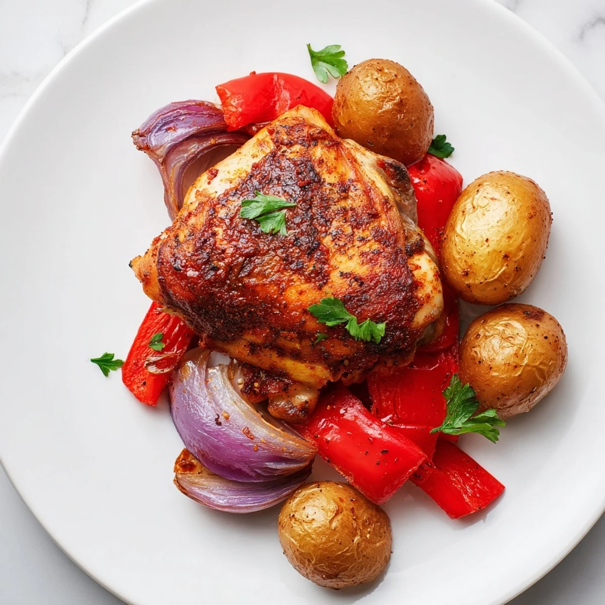 Succulent sheet pan chicken and potatoes fresh from the oven garnished with vibrant parsley and served with lemon wedges