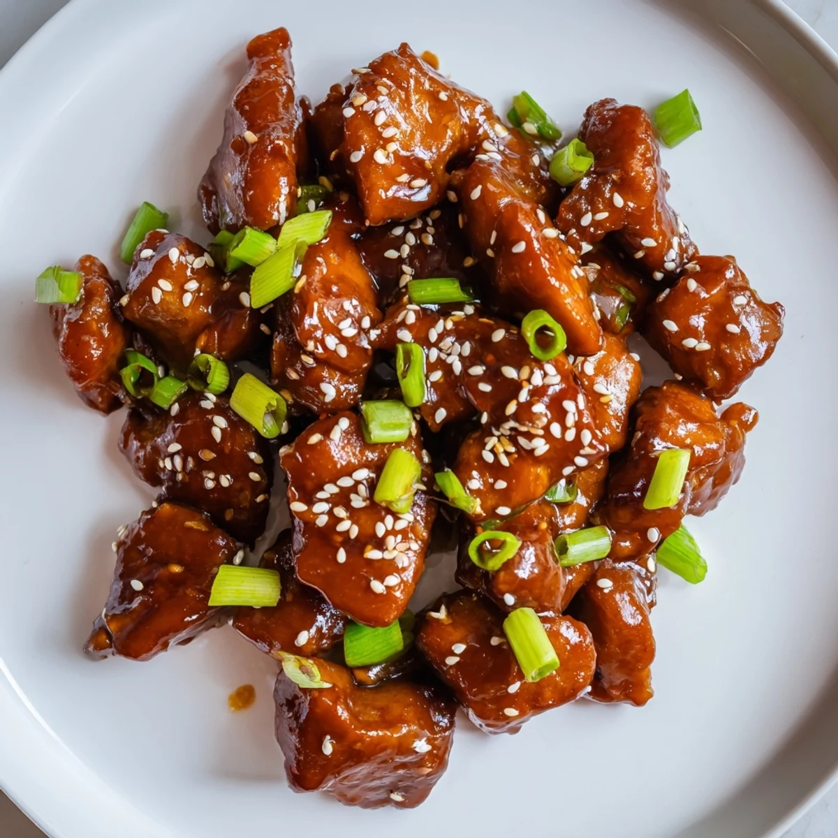 Golden brown Mongolian chicken pieces glazed in rich brown sugar soy sauce garnished with green onions and sesame seeds