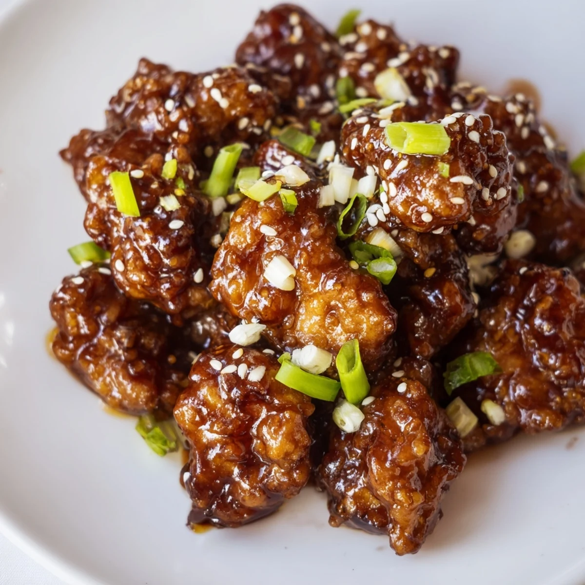 Crispy Mongolian chicken tossed in glossy garlic ginger sauce served over fluffy white rice with fresh scallions